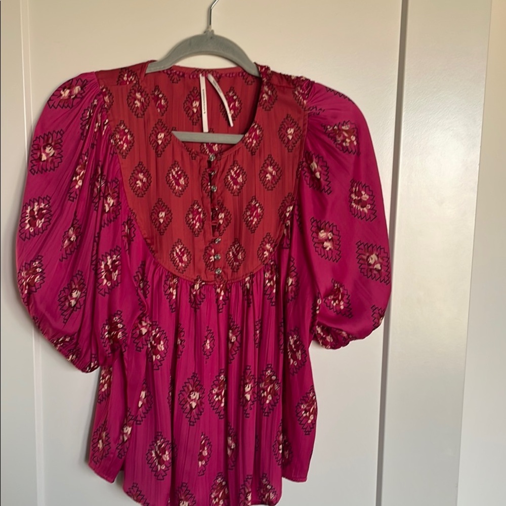 Anthropologie Pink Puff Sleeve Ruffled Blouse